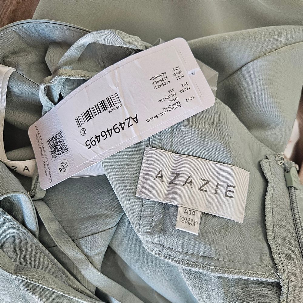 NWT Azazie Naomie Agave A-Line Cowl Neckline Side Slit Stretch Satin Dress, A14 - Picture 7 of 12